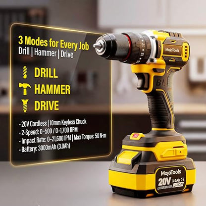 Brushless Cordless Power Tool Combo Kit for Heavy DIY & Semi-Professional Use – 50Nm Drill Driver, 380Nm Impact Wrench, 5" Angle Grinder LCD, 2×3000mAh Batteries, Carry Case &&Accessories