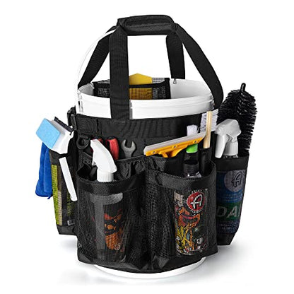 HODRANT 5 Gallon Bucket Organizer with Anti-fall Hooks & Buckle | Car Wash Bucket Caddy with Mesh Pockets, 5 Gallon Cleaning Tools Bag for Home, Auto, Garden & Fishing