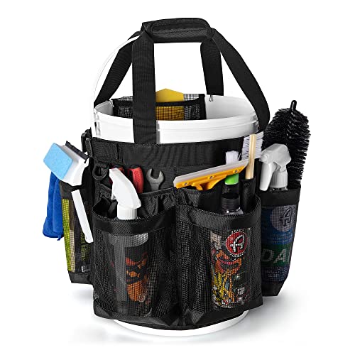 HODRANT 5 Gallon Bucket Organizer with Anti-fall Hooks & Buckle | Car Wash Bucket Caddy with Mesh Pockets, 5 Gallon Cleaning Tools Bag for Home, Auto, Garden & Fishing