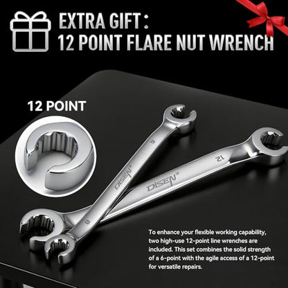DISEN 16-Piece Flare Nut Wrench Set with PTFE Tape | Metric and SAE Inch1/4 to 7/8" & 6-21mm, CR-V Steel Brake Line Wrench Set with Organizer Pouch,Father's Gift - style: Silver Flare Nut Wrench Set