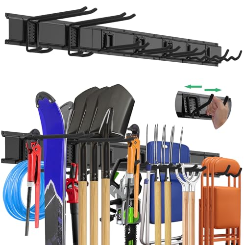 "48 Garage Tool Organizer Wall Mount - Heavy Duty 520lbs Metal Storage Rack, Easy Install Adjustable Hooks for Garden Tools Brooms - size: 48 Inch