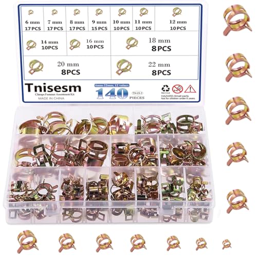 Tnisesm 140 Pcs 12 Values 6-22mm Spring Band Type Action Pipe Clamp, Air Hose Tube Water Pipe Fuel Pipe Silicone Vacuum Hose Clamp Fasteners Assortment Kit TN-23-1 - size: 140Pcs-12 Sizes