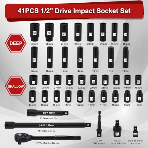 Mayouko 41PCS 1/2" Drive Impact Socket Wrench Set, Deep & Shallow Metric Socket Set 8-32mm, 72 Tooth Ratchet Handle, CR-V, Includes Extension Bars, Universal Joint, Adapters, 6 Point Design