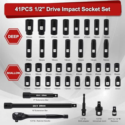 Mayouko 41PCS 1/2" Drive Impact Socket Wrench Set, Deep & Shallow Metric Socket Set 8-32mm, 72 Tooth Ratchet Handle, CR-V, Includes Extension Bars, Universal Joint, Adapters, 6 Point Design