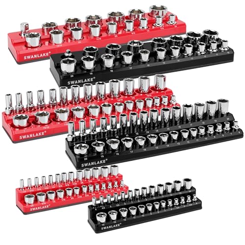 6-piece Magnetic Socket Organizer Set, Metric & SAE Drive Socket Holder, Includes 1/4", 3/8", 1/2", Holds 143 Pieces Magnetic Trays Red Black - style: 6PCS Red/Black