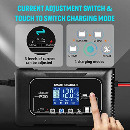 SolaMr Lithium Lifepo4 Battery Charger, 20Amp 12V and 24V Portable Smart Car Battery Charger, Trickle Charger for Lead-Acid(AGM/Gel/SLA..), Deep Cycle Charger for Marine, RV, Motorcycle (P20) - size: P20 Battery Charger