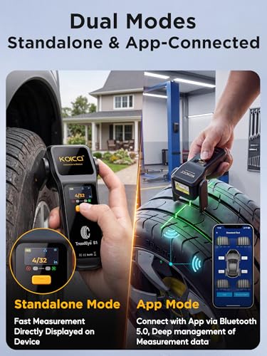 New KOICCI S1 Digital Tire Tread Depth Gauge, Smart Laser Tire Tread Detector with 32nds High Accuracy, 2-in-1 Standalone & App Modes, Report Generation for Car Truck SUV - iOS & Android Compatible
