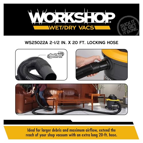 WORKSHOP Wet/Dry Vacs WS25022A 2-1/2-in. x 20-ft. Locking Shop Vacuum Hose | Extra Long DUAL-FLEX Locking Vac Hose, Fits WORKSHOP Shop Vacuum Cleaners with a 2-1/2-in. Diameter Inlet and Accessories