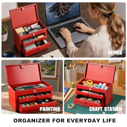 JACK BOSS Mini Tool Box with Two Drawers,Small Metal Tool Box with Lockable Top Storage,Multi-Purpose Portable Tool Boxes Case Organizer,Small Tool Chest with PVC Mats,L10.8"×W6.6"×H7",Red - color: Red