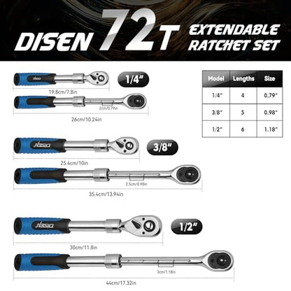 DISEN 3PCS Extendable Ratchet Wrench Set,1/4" 3/8" 1/2" Drive 72-Tooth, Quick-Release, Reversible Drive Socket Wrenches,Soft Grip Handle with Storage Tray - size: 1/4''+3/8''+1/2'' Set, style: 72T Extendable Ratchet