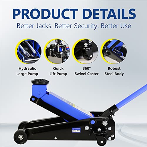 3T Low Profile Steel Floor Jack, 6000 lb, Single Pump, 5.1"-20" Lift, Blue | Heavy-duty steel, single-pump quick lift, low profile, 5.1"-20" lift range, overload protection. - size: 3T Single Pump 5.1"-20"