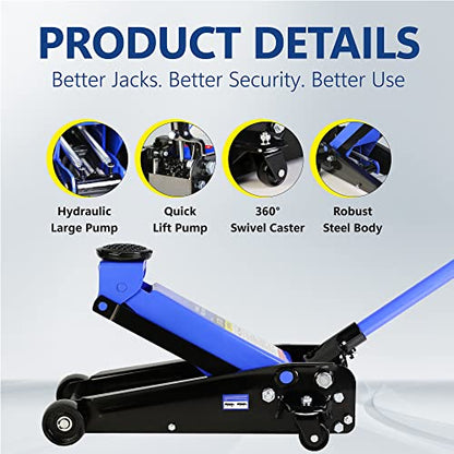 3T Low Profile Steel Floor Jack, 6000 lb, Single Pump, 5.1"-20" Lift, Blue | Heavy-duty steel, single-pump quick lift, low profile, 5.1"-20" lift range, overload protection. - size: 3T Single Pump 5.1"-20"