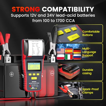 ANCEL BST500 Car Battery Tester with Printer, 12v 24v Automotive Battery Load Tester, Cranking Charging System Analyzer, 99.99% Accuracy for Car Motorcycles Truck SUV ATV RV and More - size: BST500