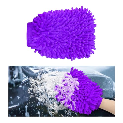 Ziciner Premium Microfiber Wash Mitt, Soft Scratch-Free Double-Sided Chenille Washing Gloves Perfect for Car Washing and Detailing (Purple, Large) - color: Purple