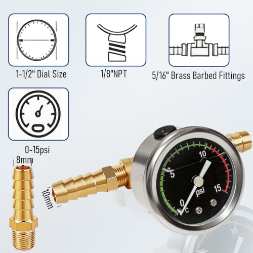 Fuel Pressure Gauge Kit, 0-15psi Glycerin Filled Fuel Pressure Gauge Kit, 1-1/2" Dial Size Fuel Pressure Gauge for Car, 1/8'' NPT Inline Fuel Pressure Gauge with 3/8'' 5/16'' Barb, Back Mount