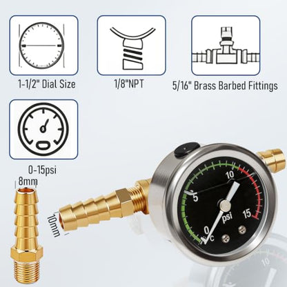 Fuel Pressure Gauge Kit, 0-15psi Glycerin Filled Fuel Pressure Gauge Kit, 1-1/2" Dial Size Fuel Pressure Gauge for Car, 1/8'' NPT Inline Fuel Pressure Gauge with 3/8'' 5/16'' Barb, Back Mount