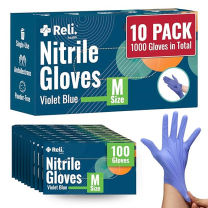 Reli. Nitrile Gloves, Medium | Disposable Gloves (1000 Pack, Bulk) | Powder Free, Latex Free, Food Safe | Single-Use | Premium Nitrile Rubber for Cleaning, Automotive, Salon | Violet Blue/Iris Blue