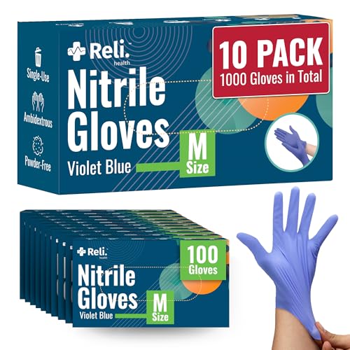 Reli. Nitrile Gloves, Medium | Disposable Gloves (1000 Pack, Bulk) | Powder Free, Latex Free, Food Safe | Single-Use | Premium Nitrile Rubber for Cleaning, Automotive, Salon | Violet Blue/Iris Blue