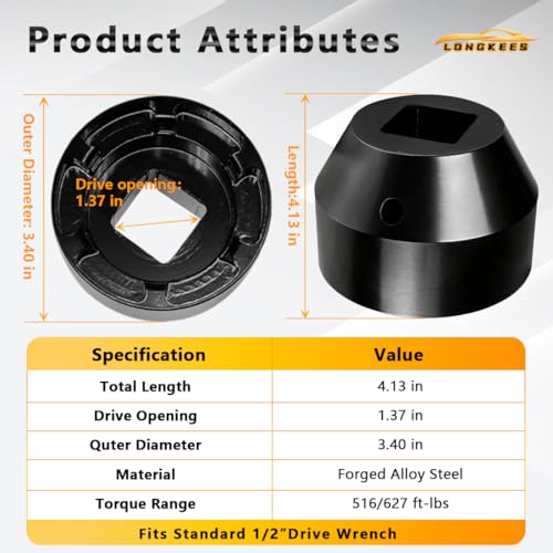 6-Point Pinion Nut Socket Compatible with Detroit Diesel W742589020700, FIT Freightliner & Mercedes-Benz Actros/Atego Heavy Duty Rear Axle Differential Tool, Carbon Steel Service Socket