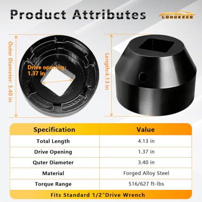 6-Point Pinion Nut Socket Compatible with Detroit Diesel W742589020700, FIT Freightliner & Mercedes-Benz Actros/Atego Heavy Duty Rear Axle Differential Tool, Carbon Steel Service Socket