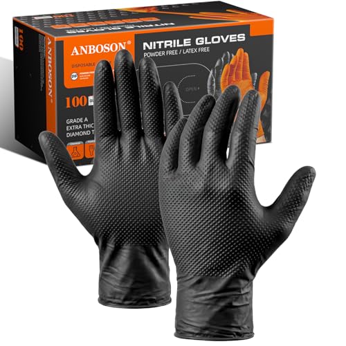 ANBOSON 10 Mil Heavy Duty Mechanic Nitrile Gloves, Large Black 100 Count | Diamond Grip,Latex Free,Chemical Resistant Disposable Thick Rubber Gloves for Auto Repair, Industrial, Food, Work ,BBQ,Men - color: Black-100, size: Large