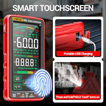Smart Multimeter, Digital Multimeter Tester with Touch Screen 6000 Counts Auto Ranging Rechargeable A Reverse Display NCV Tester with Flashlight for Electricians, DIY (Red) - color: Red