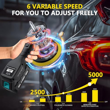 Cordless Car Buffer Polisher Kit, 20V, w/ 2X 2.0Ah & Charger | Brushless motor, dual-action random orbital, 6" backing pad, 6-speed, for car waxing scratch removal polishing