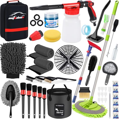 44Pcs Car Wash Detailing Kit Cleaning Kits with Foam Gun Sprayer Wash Mop with Long Handle Collapsible Bucket Large Wash Mitt Towels Complete Interior Exterior Car Washing Supply Set Black - color: Black