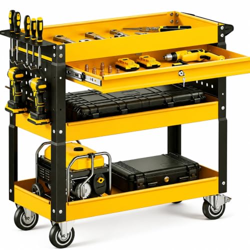 4 Tier Rolling Tool Cart on Wheels with Professional Tool Cart with Locking Drawer-Metal, 400LBS Load Capacity Heavy Duty Storage with Pegboard for Repair Shop, Garage, Warehouse, Workshop - color: Yellow, size: Big