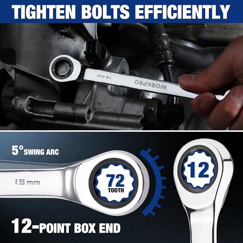 WORKPRO Ratcheting Wrench Set, Metric, 5-piece Ratcheting Combination Wrench Set, 10mm, 11mm, 13mm, 14mm, 15mm, 12-Point, CR-V Steel, with Organizer Rack - size: 5-piece, style: Metric