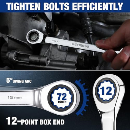 WORKPRO Ratcheting Wrench Set, Metric, 5-piece Ratcheting Combination Wrench Set, 10mm, 11mm, 13mm, 14mm, 15mm, 12-Point, CR-V Steel, with Organizer Rack - size: 5-piece, style: Metric