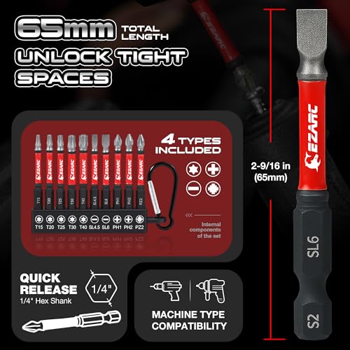 EZARC Diamond Tip Screwdriver Bit Set, Anti-Slip Magnetic 2-9/16"(65mm) Torx Phillips Pozidriv Slotted Bits, S2 Alloy Steel, 1/4" Hex Shank for Impact Driver & Power Drill, 10-Piece