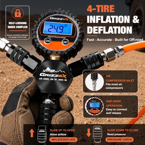 4 Tire Inflation & Deflation System, Air Up Down Kit with Digital Tire Pressure Gauge, Self-Locking Quick Coupler, TPU Braided Air Hoses, 7 Adapters for Trucks SUVs Jeeps 4x4
