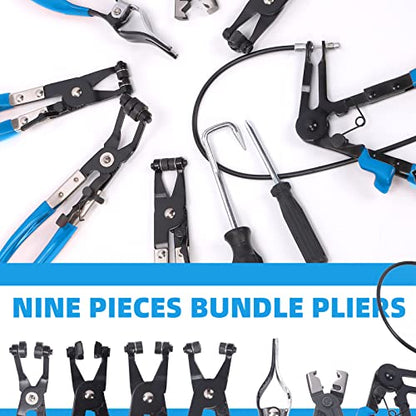 Glarks 9Pcs Blue Flexible Hose Clamp Pliers Set, Long Reach Spring Wire Clip Plier Hose Clamp Pliers Remover Kit for Replacement of Fuel, Oil, Water Hose
