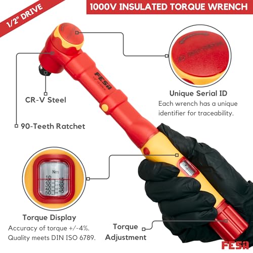FESA 16-Piece Insulated Torque Wrench Set (1/2" Drive, 10-50 Nm Range) | with 7 Metric Sockets, 5 Hex Bit Sockets, 2 Extension Bars, T-Handle & Protective Case - style: 1/2" Drive, 10-50 Nm Wrench & Socket Set