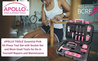 Apollo Tools 65 Piece Essential Tool Set with Sockets and Most-Used Tools for Do it Yourself Repairs and Maintenance Pink Ribbon - Pink - DT0001P - color: Pink, size: 65-Piece