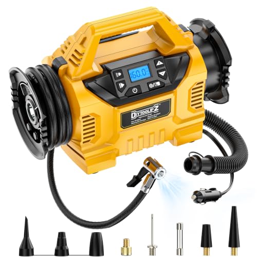 DIYtoolifz 3X Faster Tire Inflator/Deflator Compatible with DeWalt 20V Battery, 160 PSI Cordless Air Compressor Pump with 12V Car Adapter, LCD Digital Gauge for Car, Air Mattresses (Tool Only) - color: Yellow