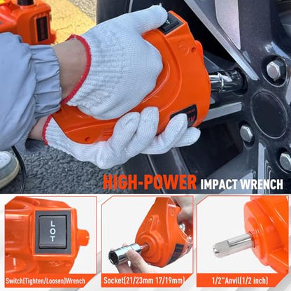 Electric Car Jack Kit 5 Ton 12V Hydraulic Floor Jack with Impact Wrench and Inflatable Pump for SUV Car Emergency Repair Tire Change Kit with LED Light