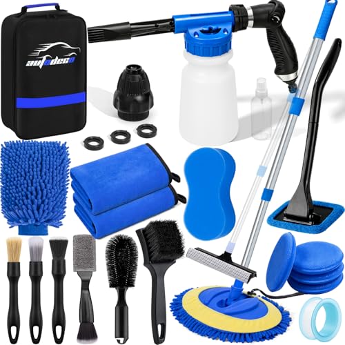 Car Wash Detailing Kit Cleaning Set with Foam Gun Sprayer, Long-Handle Brush, Large Wash Mitt, Towels, Complete Interior & Exterior Car Washing Supply Set (Blue) - color: Blue