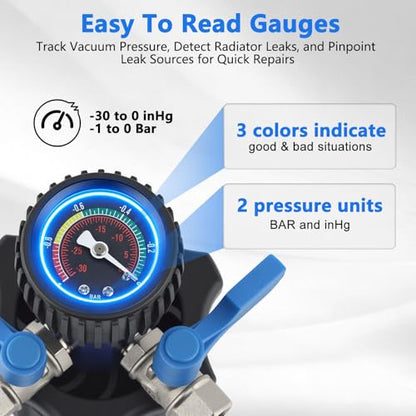 Coolant Vacuum Refill Kit with Gauge, Cooling System Vacuum Fill Tool with Leak Detector, 5 Round Adapters 1 Conical Adapter, Radiator Coolant Fill Kit with Dual-Movement Gauge for Vacuum Leak