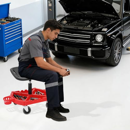 Rolling Garage Stool,330LBS Capacity Rolling Work Stool w/Tool Tray & 4 Swivel Wheels,19.69”-25“ Adjustable Height Ergonomic Mechanic Seat for Workshop Auto Car Repair Shop