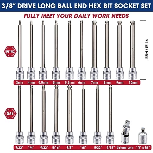 Rizom 3/8" Drive Long Allen Socket Set, 20-Piece Ball-End Hex Bit Set | S2 Steel Ball End Head Socket, 5.5" Extra-Long SAE & Metric Hex Bit Set (1/8-3/8 in., 3-10 mm), for Professional Auto Repair - style: Ball end allen hex bit sockets