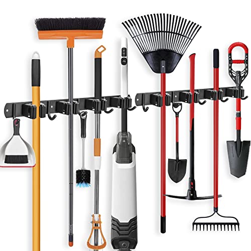 IMILLET 2 Pack Broom and Mop Holder Wall Mounted, Broom Holder Stainless Steel Broom Organizer Heavy Duty Tools Organizer Self Adhesive for Laundry Room Garage Garden（4 Racks and 5 Hooks） - color: 4 Racks with 5 Hooks, size: 2 Pack