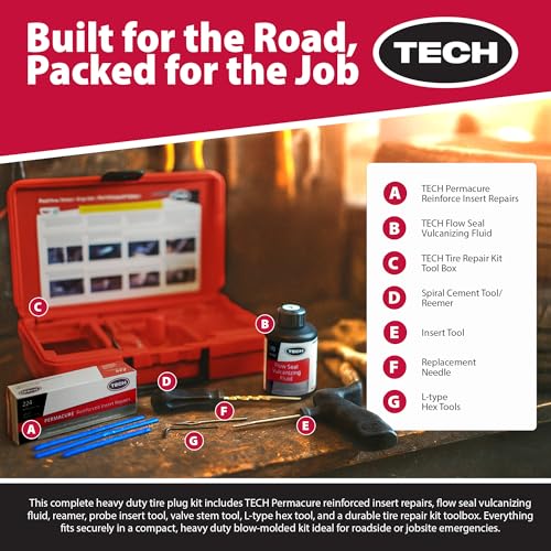 TECH Permacure Truck Tire Plug Kit – Ideal Tools and Flat Tire Fix for Trucks, Tractors, and Large Tires (40 Heavy-Duty Plugs for Emergency Tire Patch and Puncture Repair)