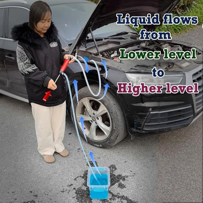 Hand Fuel Pump, Manual Liquid Siphon Pump, Multi-Use Fluid Transfer, Oil, Gasoline, Water, For RV Winterizing, Car Maintenance, Garage, Farm, Mechanic, Includes 2 Hoses, 2 Adapters, 3 Clamps (H-Pump)