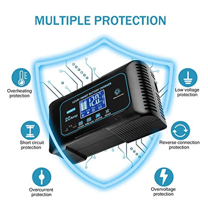 Haisito 20-Amp Smart Battery Charger (Lithium LiFePO4 & Lead-Acid), 12V/24V Rapid Automotive Car Charger with Temperature Compensation - Trickle Maintainer for Boat, Truck, RV, Lawn Mower, Marine
