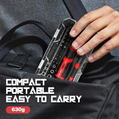 IRONCUBE Multi Ratcheting Screwdriver Set: 56 IN 1 Magnetic Bits & Sockets with Case for Emergency Use At Home - color: Red