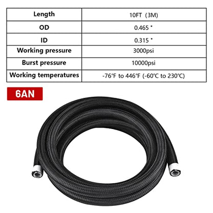 6AN 10FT PTFE E85 Fuel Line Hose, E85 Nylon Braided Fuel Hose Compatible with all Automotive Fuels, Lubricants, and Coolant (ID 5/16 Inch) - Black - color: Black, size: 6AN-10FT