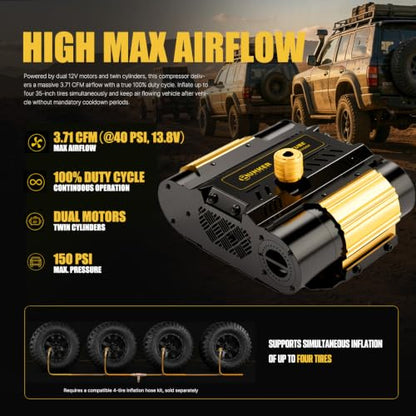 BUNKER INDUST 12V Twin Motor Air Compressor Offroad On-Board Air Pump Tire Inflator with Pressure Gauge Max 150 PSI for 4x4 Vehicle Tires