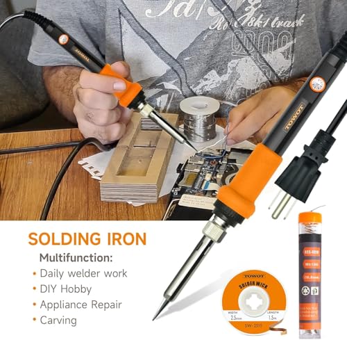 TOWOT Soldering Iron Kit, Electronic Soldering Iron 60W Adjustable Temperature, Deoldering Pump, Tin Wire, Solder Wick, Tweezers, Soldering Iron Tips Set, Soldering Iron Stand, Wire Strippers - style: Set D